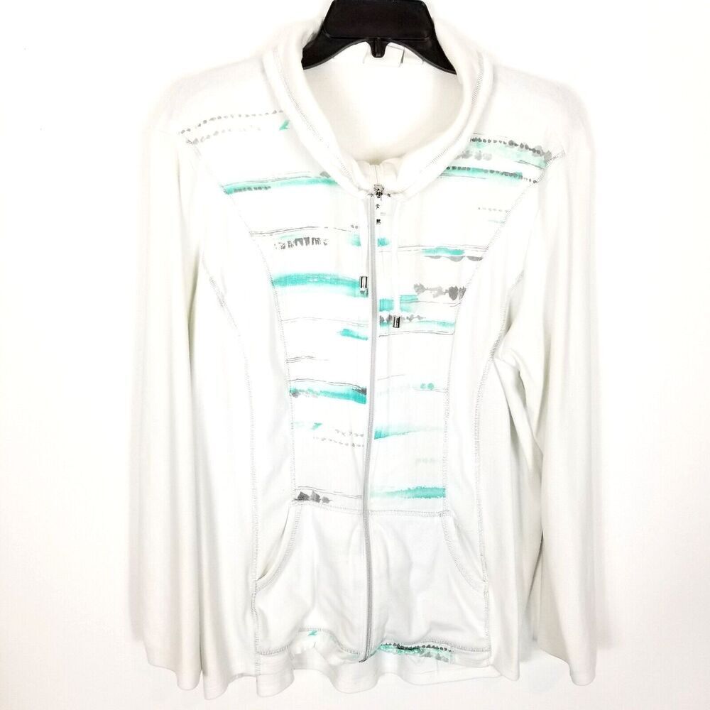 Chico's Zenergy Women Paxton Print Fabric Mix Jacket Sz XL White Zip Up Casual